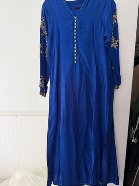 Agha Noor Embroidered Sapphire Blue Maxi Dress pure silk with Gold Accents
